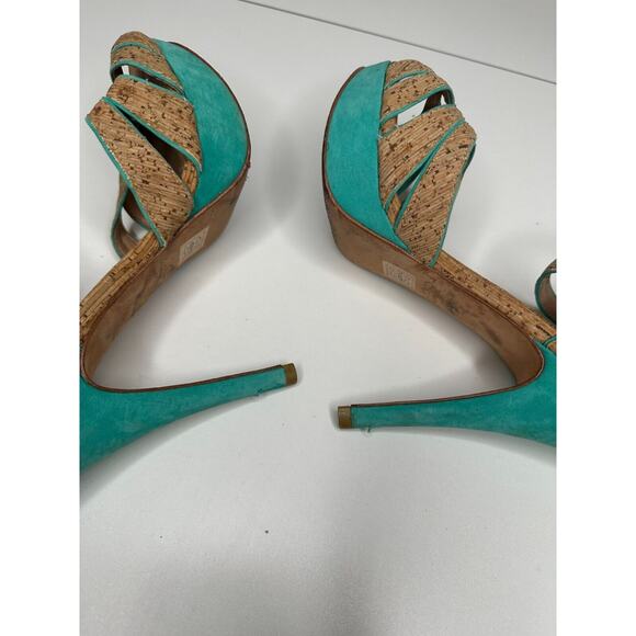 Aldo Platform Turquoise Suede & Tan Cork Stiletto Heel Ankle Strap Sandal 5.5 - Picture 12 of 16